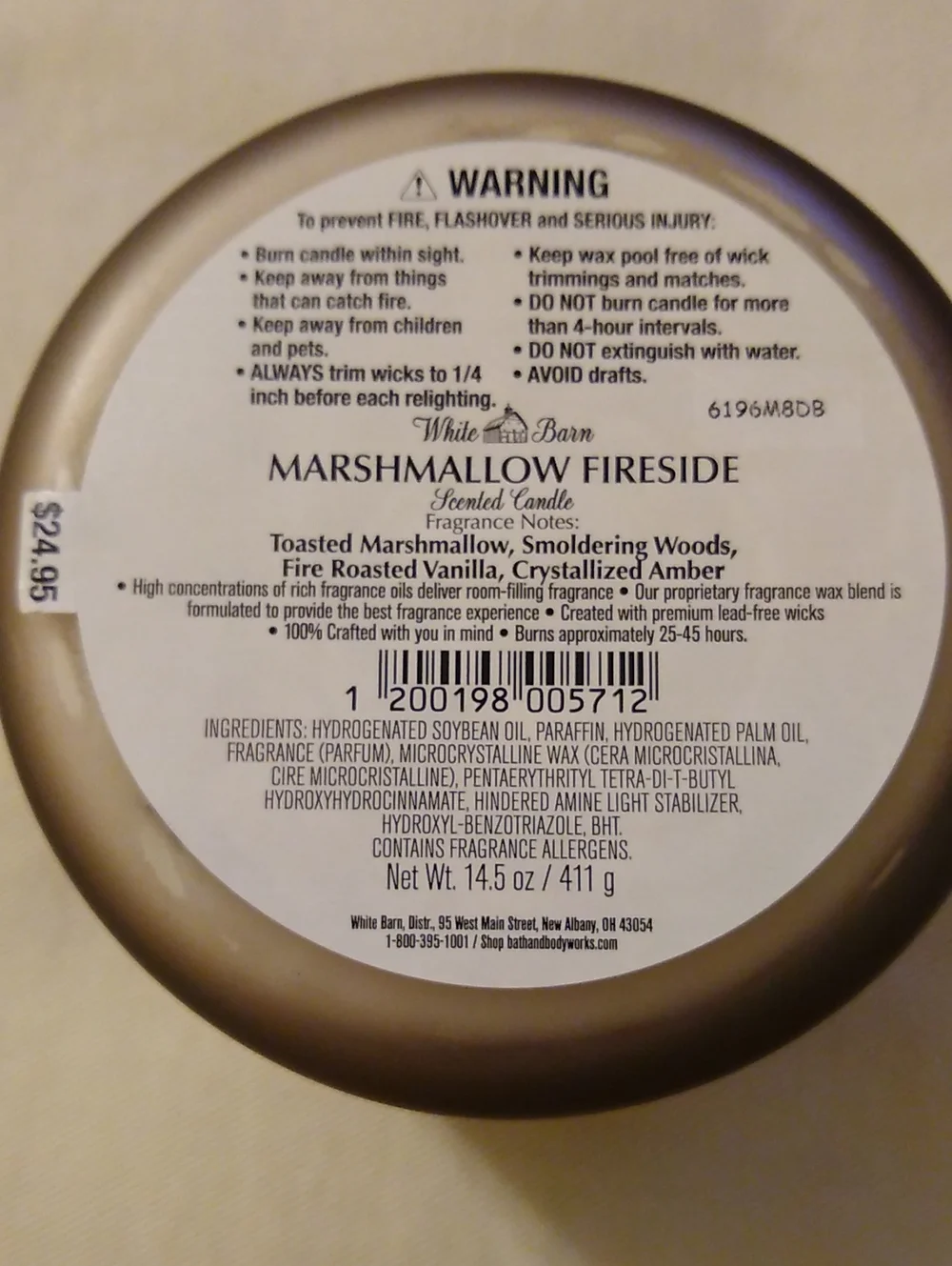 White Barn Marshmallow Fireside Candle in Brown with Gold Lid